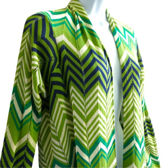 BCBGMaxAzria SiLK Open Front Chevron Striped Cardigan Sweater Top Green Asymmetr - Picture 3 of 6